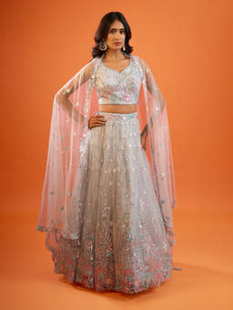 Samyukta Singhania - Sequin Embroidered Net Grey Lehenga with Blouse and Dupatta