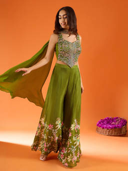 Samyukta Singhania - Green Hand Work Embroidered Palazzo with Top and Dupatta
