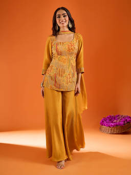 Samyukta Singhania - Yellow Silk Embroidered Sharara with Top and Dupatta