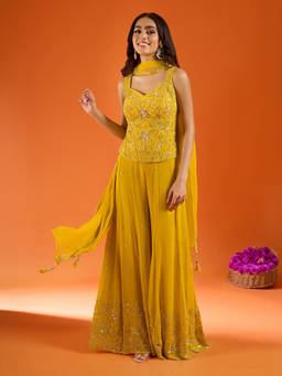 Samyukta Singhania - Yellow Silk Embroidered Sharara with Top and Dupatta