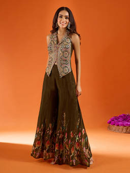 Samyukta Singhania - Brown Embroidered Silk Sharara with Top
