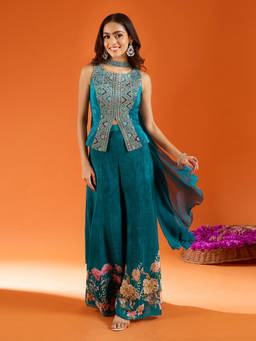 Samyukta Singhania - Blue Silk Embroidered Sharara with Top and Dupatta