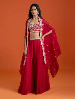 Samyukta Singhania - Pink Bead Embroidered Sharara with Top and Cape