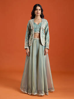 Samyukta Singhania - Green Floral Embroidered Sharara with Top and Jacket