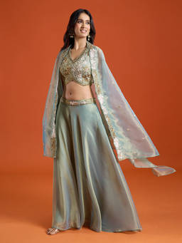 Samyukta Singhania - Green Embroidered Sharara with Top and Cape