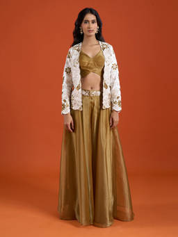 Samyukta Singhania - Gold Floral Embroidered Sharara with Top and Jacket
