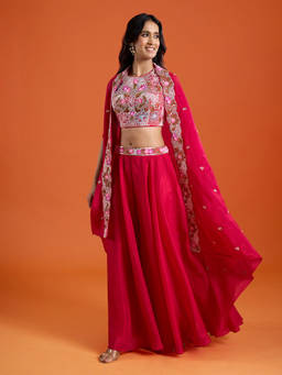 Samyukta Singhania - Pink Bead Embroidered Sharara with Top and Cape