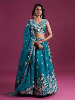 Samyukta Singhania - Sequins Embroidered Tissue Teal Lehenga with Blouse and Dupatta