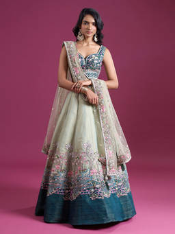 Samyukta Singhania - Sequinned and Zari Embroidered Net Green Lehenga with Blouse and Dupatta