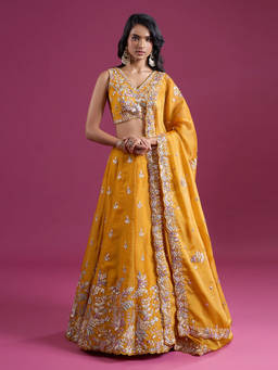 Samyukta Singhania - Sequinned and Zari Embroidered Mustard Lehenga with Blouse and Dupatta