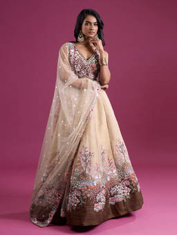 Samyukta Singhania - Sequinned and Zari Embroidered Net Cream Lehenga with Blouse and Dupatta