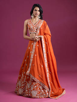 Samyukta Singhania - Sequinned and Zari Embroidered Tissue Orange Lehenga with Blouse and Dupatta