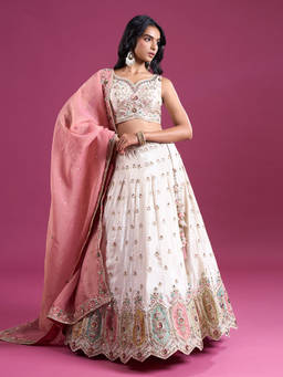 Samyukta Singhania - Sequinned and Zari Embroidered Tissue Cream Lehenga with Blouse and Dupatta