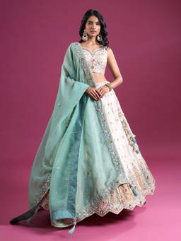 Samyukta Singhania - Sequins Embroidered Tissue Cream Lehenga with Blouse and Dupatta
