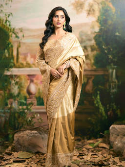Samyukta Singhania - Banarsi Tissue Embroidered Gold Saree with Stitched Blouse