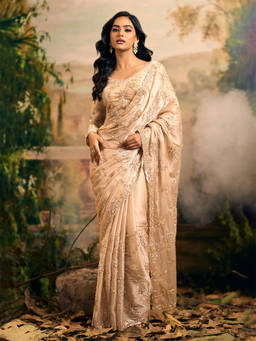 Samyukta Singhania - Hand Embroidered Banarsi Tissue Beige Saree with Stitched Blouse