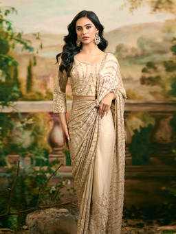 Samyukta Singhania - Hand Embroidered Banarasi Beige Saree with Stitched Blouse