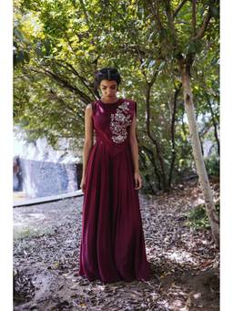 Mani Bhatia - Maroon Jumpsuit With Embroidered Suede Drape