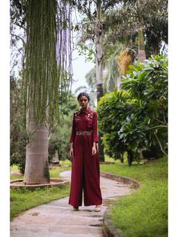 Mani Bhatia - Maroon 3D Sequins Embellished Jumpsuit With Belt