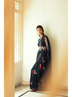 Mani Bhatia - Dark Green Printed Embroidered Sleeves and Drape Jumpsuit