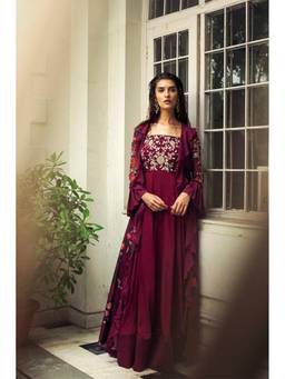 Mani Bhatia - Maroon Sangria Anarkali with Jacket