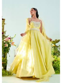 Mani Bhatia - Yellow Ivy Anarkali with Dupatta and Embroidered Belt