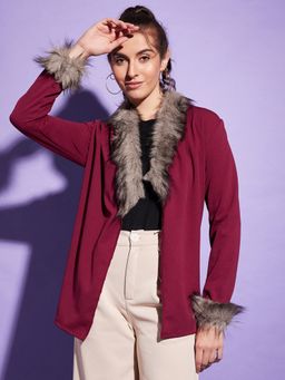 Buynewtrend - Maroon Jacket Style Women Fur Neck Winter Shrug
