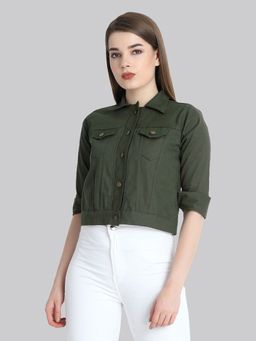Buynewtrend - Dark Green Front Button Fastening Collared Neckline Twill Jacket For Women
