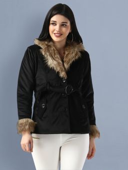 Buynewtrend - Black Imported Velvet Fur Neck Women Winter Jacket With Belt (Set of 2)