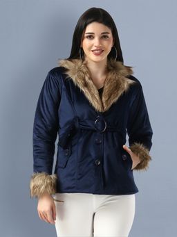 Buynewtrend - Navy Blue Imported Velvet Fur Collar Women Winter Jacket With Belt (Set of 2)