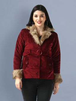 Buynewtrend - Maroon Imported Velvet Fur Collar Women Winter Jacket With Belt (Set of 2)