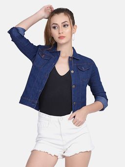 Buynewtrend - Solid Dark Blue Women Regular Denim Jacket