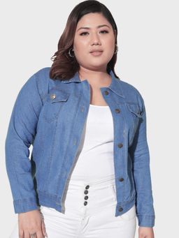 Buynewtrend - Solid Plus Size Light Blue Women Denim Jacket