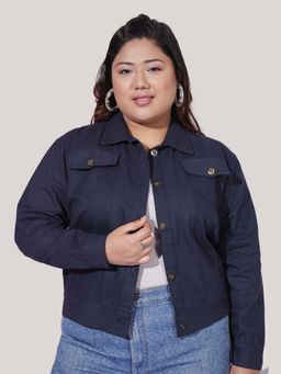 Buynewtrend - Twill Denim Navy Blue Plus Size Women Regular Jacket