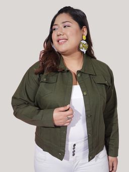Buynewtrend - Twill Denim Dark Green Plus Size Women Regular Jacket