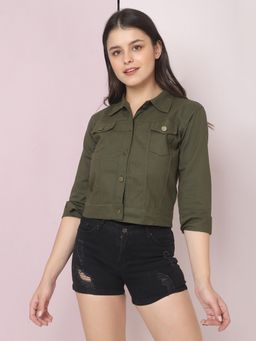 Buynewtrend - Twill Dark Green Buttoned Women Regular Jacket