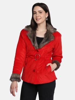 Buynewtrend - Dark Red Velvet Winter Parka Jacket With Belt (Set of 2)