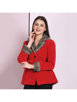 Buynewtrend - Red Velvet Winter Coat Jacket With Belt (Set of 2)