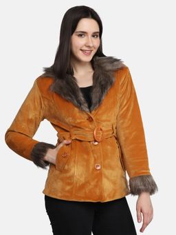 Buynewtrend - Dark Tan Velvet Women Parka Jacket With Belt (Set of 2)