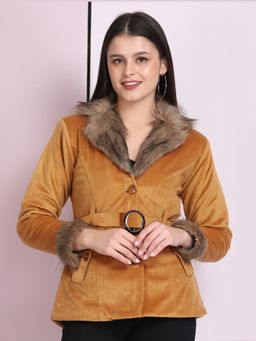 Buynewtrend - Tan Velvet Winter Coat Jacket With Belt (Set of 2)