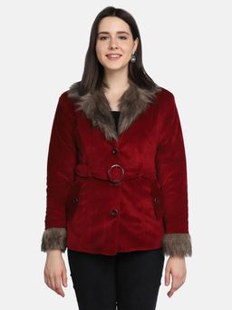 Buynewtrend - Maroon Velvet Lightweight Women Parka Jacket With Belt (Set of 2)