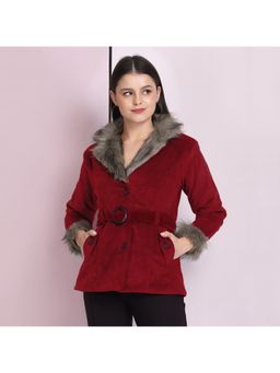 Buynewtrend - Maroon Velvet Winter Coat Jacket With Belt (Set of 2)