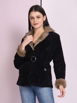 Buynewtrend - Black Velvet Winter Coat Jacket With Belt (Set of 2)