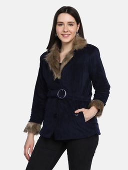 Buynewtrend - Navy Blue Velvet Lightweight Women Parka Jacket With Belt (Set of 2)