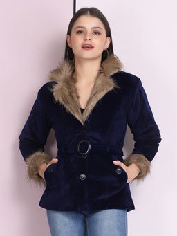Buynewtrend - Navy Blue Velvet Winter Coat Jacket With Belt (Set of 2)