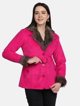 Buynewtrend - Pink Velvet Lightweight Women Parka Jacket With Belt (Set of 2)