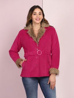 Buynewtrend - Pink Velvet Winter Coat Jacket With Belt (Set of 2)