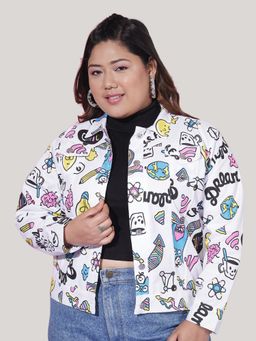 Buynewtrend - White Toko Twill Plus Size Printed Women Jacket