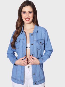 Buynewtrend - Light Blue Buttoned And Collared Women Long Denim Jacket