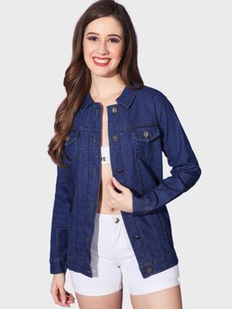 Buynewtrend - Dark Blue Buttoned And Collared Women Long Denim Jacket